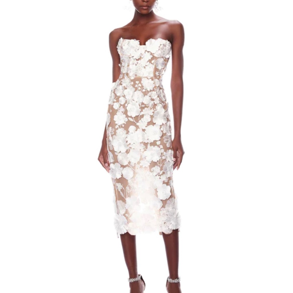 Jasmine Strapless Floral Appliqué Midi Dress